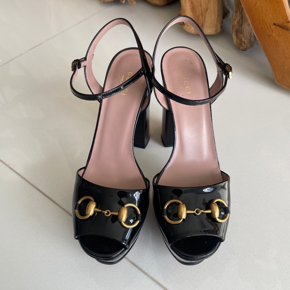 Gucci Claudie Horsebit Open Toe Heels